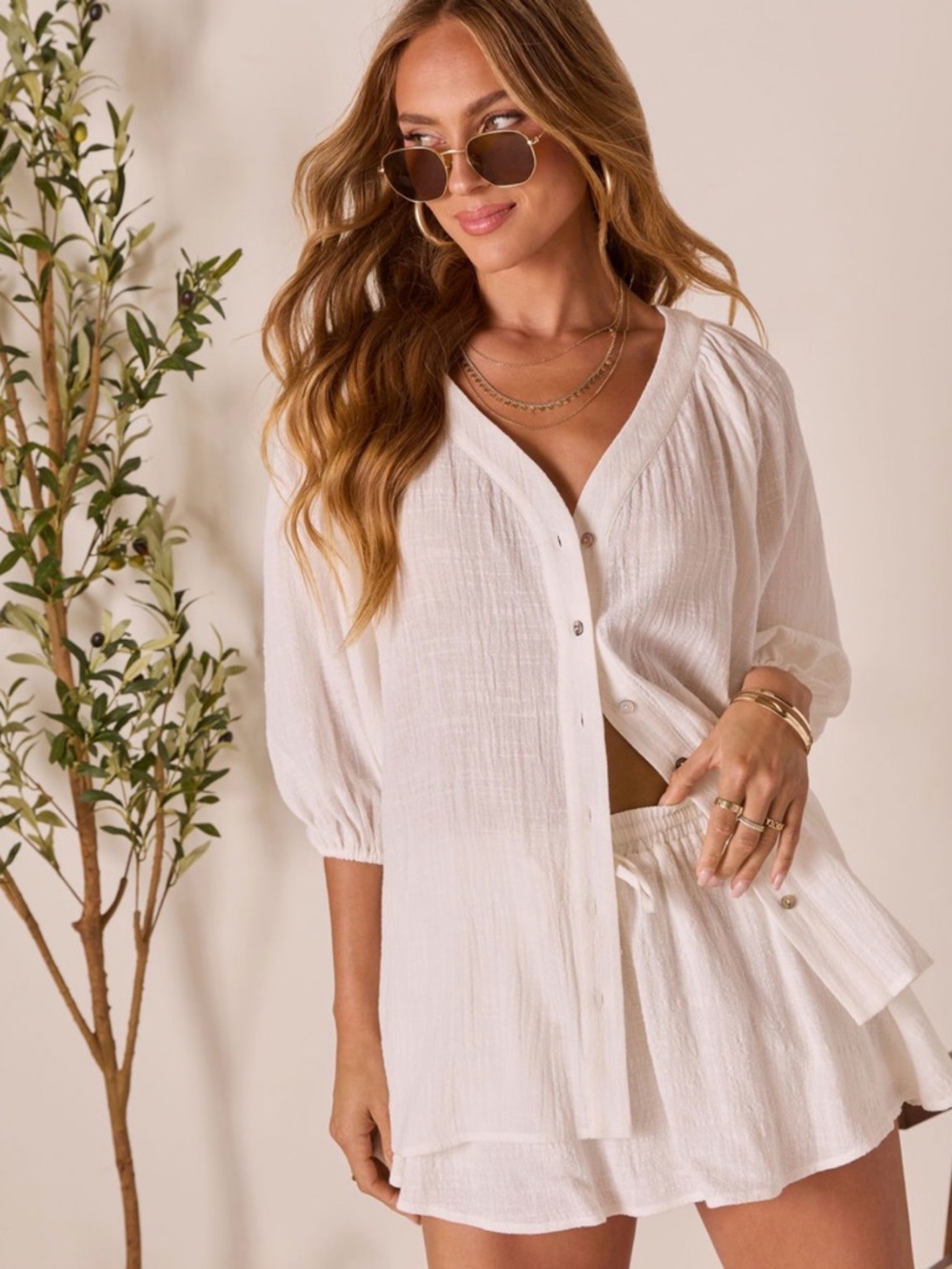 Women's Rhodes Button-Front V-Neck Top in Cream